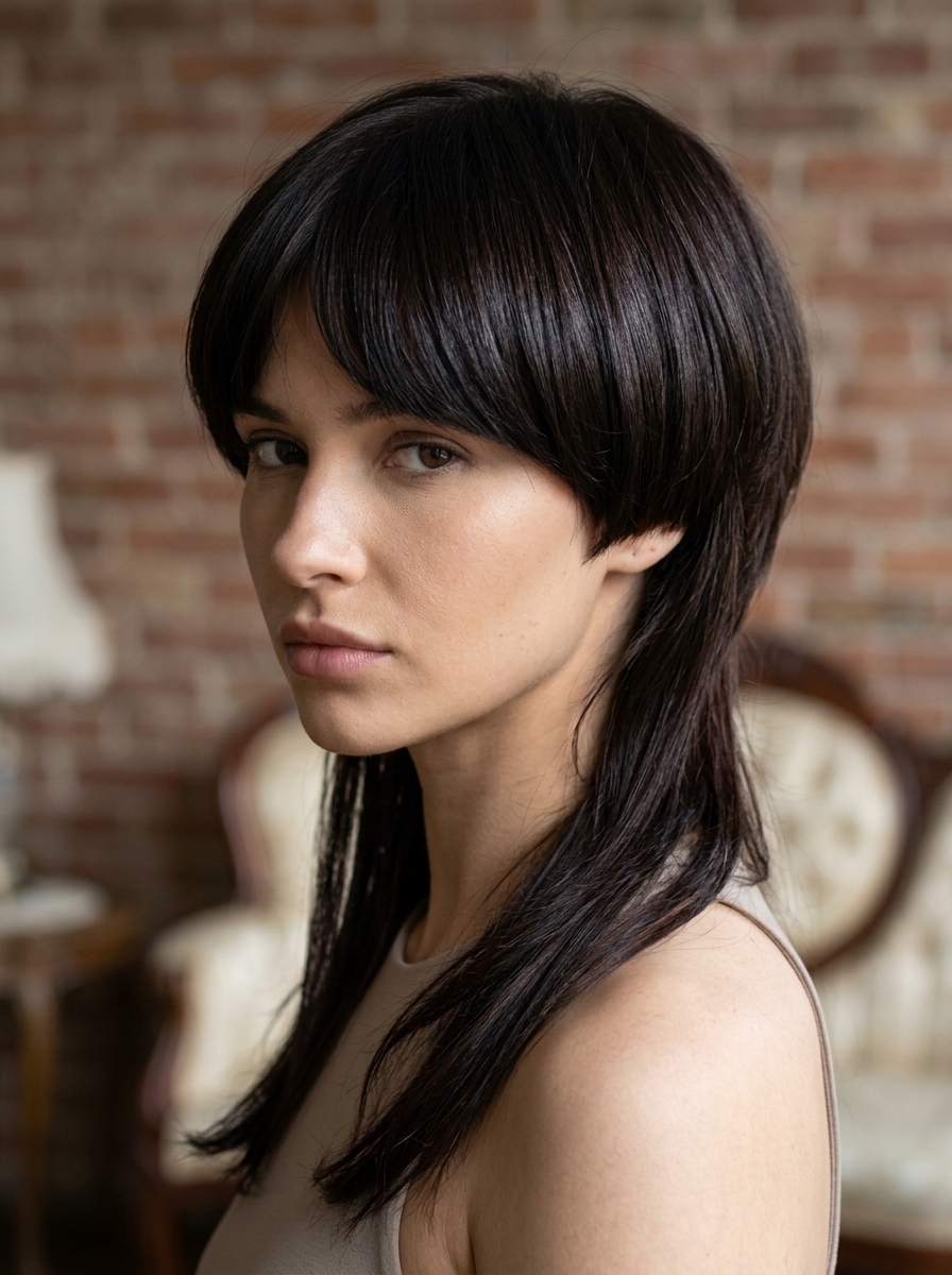 short espresso brunette jellyfish mullet with undercut and long wispy tendrils