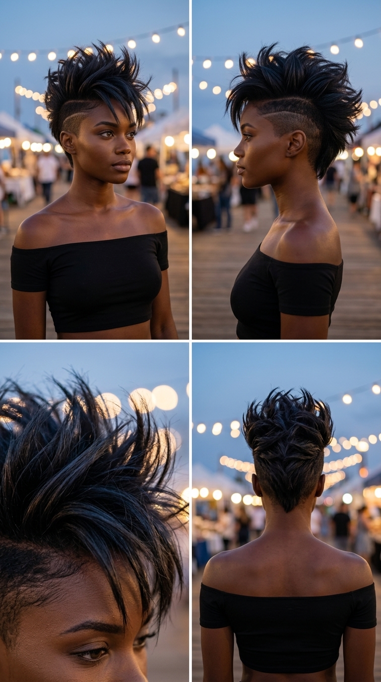 short espresso brunette mohawk with undercut and textured top for summer