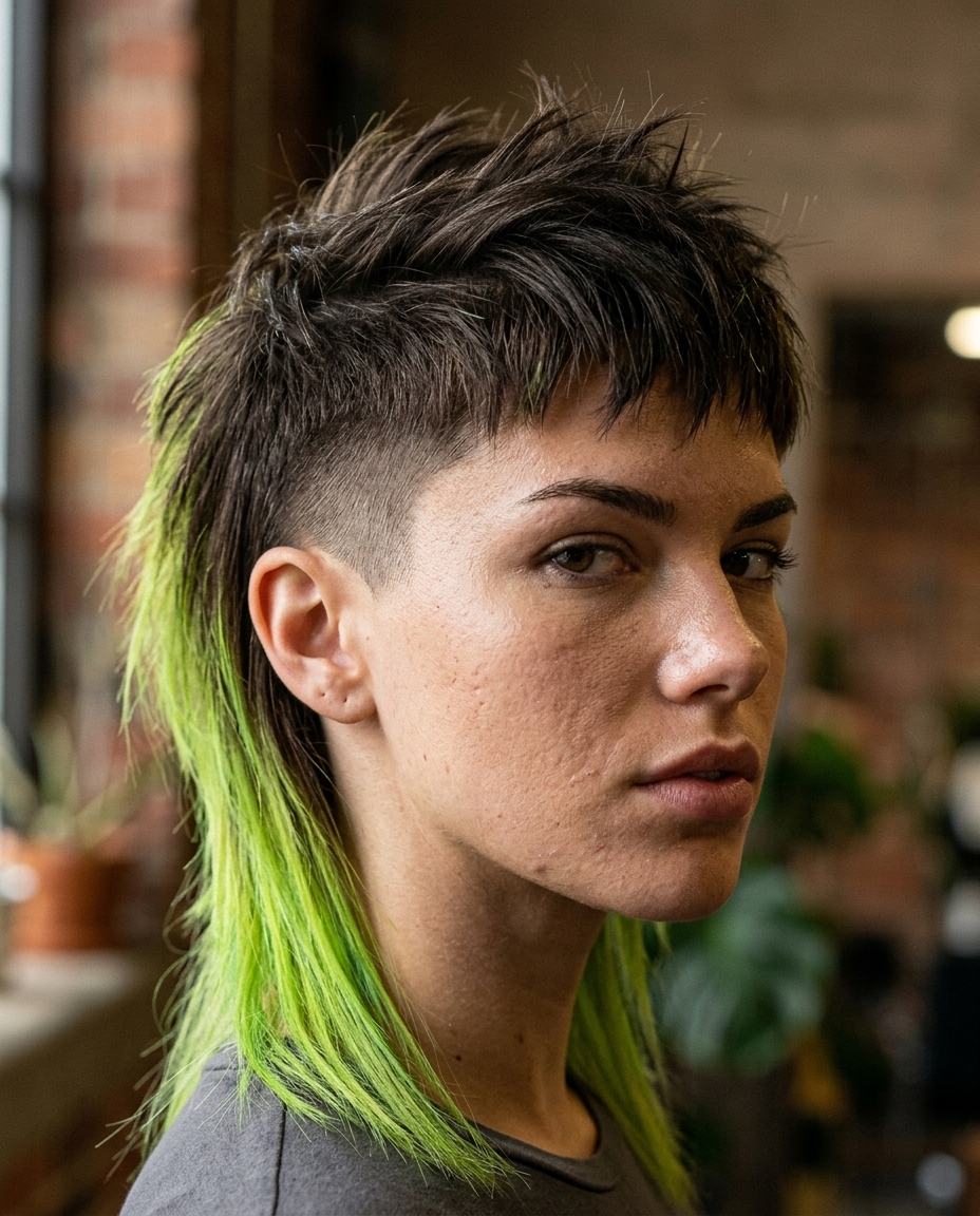 short espresso brunette mullet with neon green tips and sharp undercut for edgy style