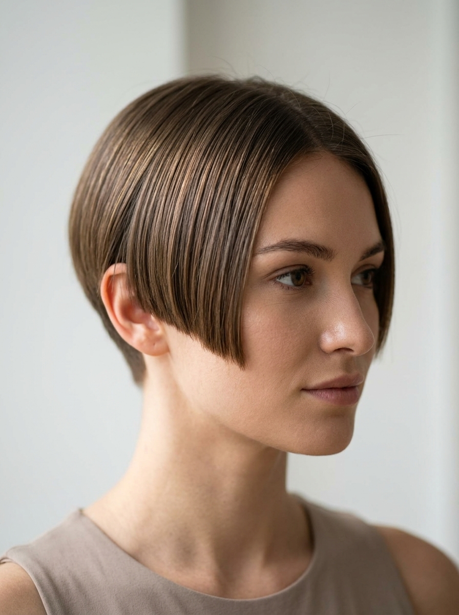 very short pixie haircut with espresso brunette and micro-fringe for gallery