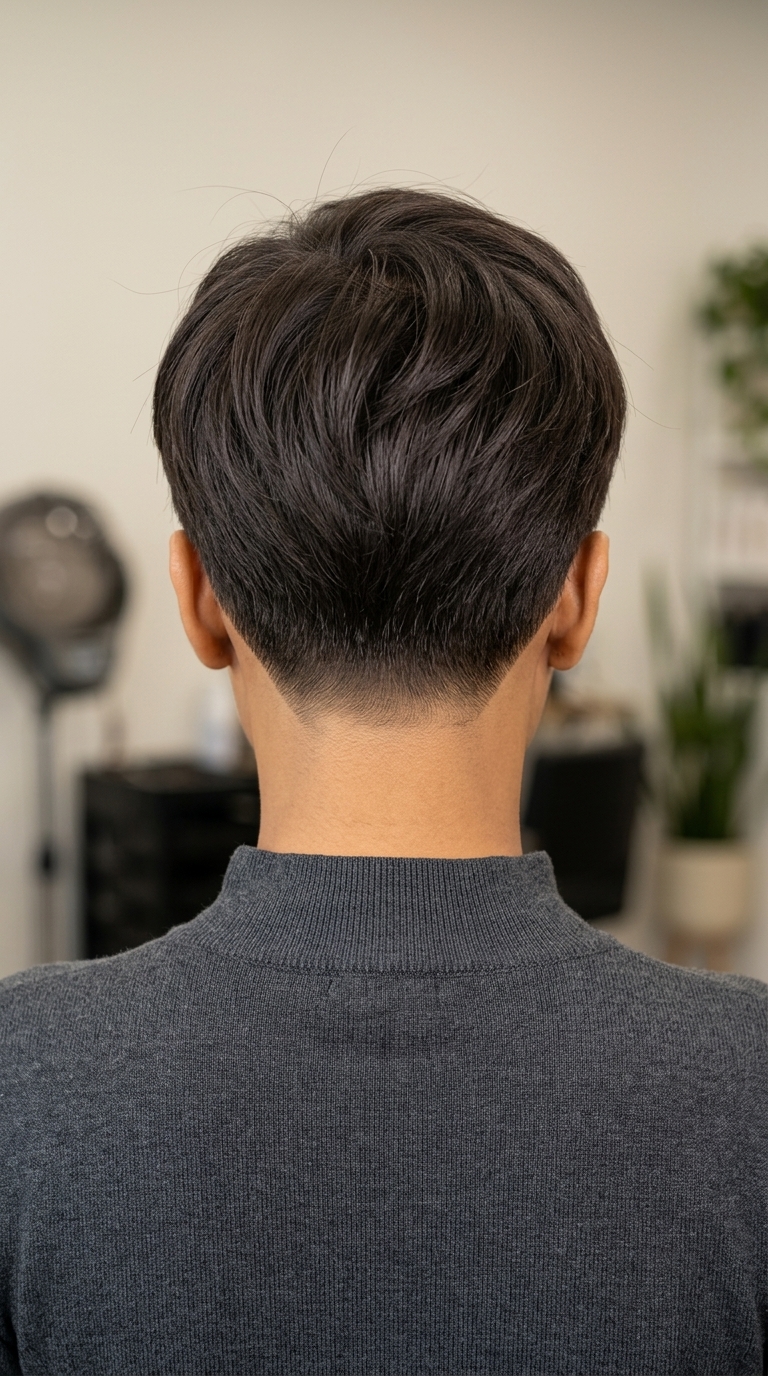 very short pixie haircut with cool espresso brunette and clipper fade for professional