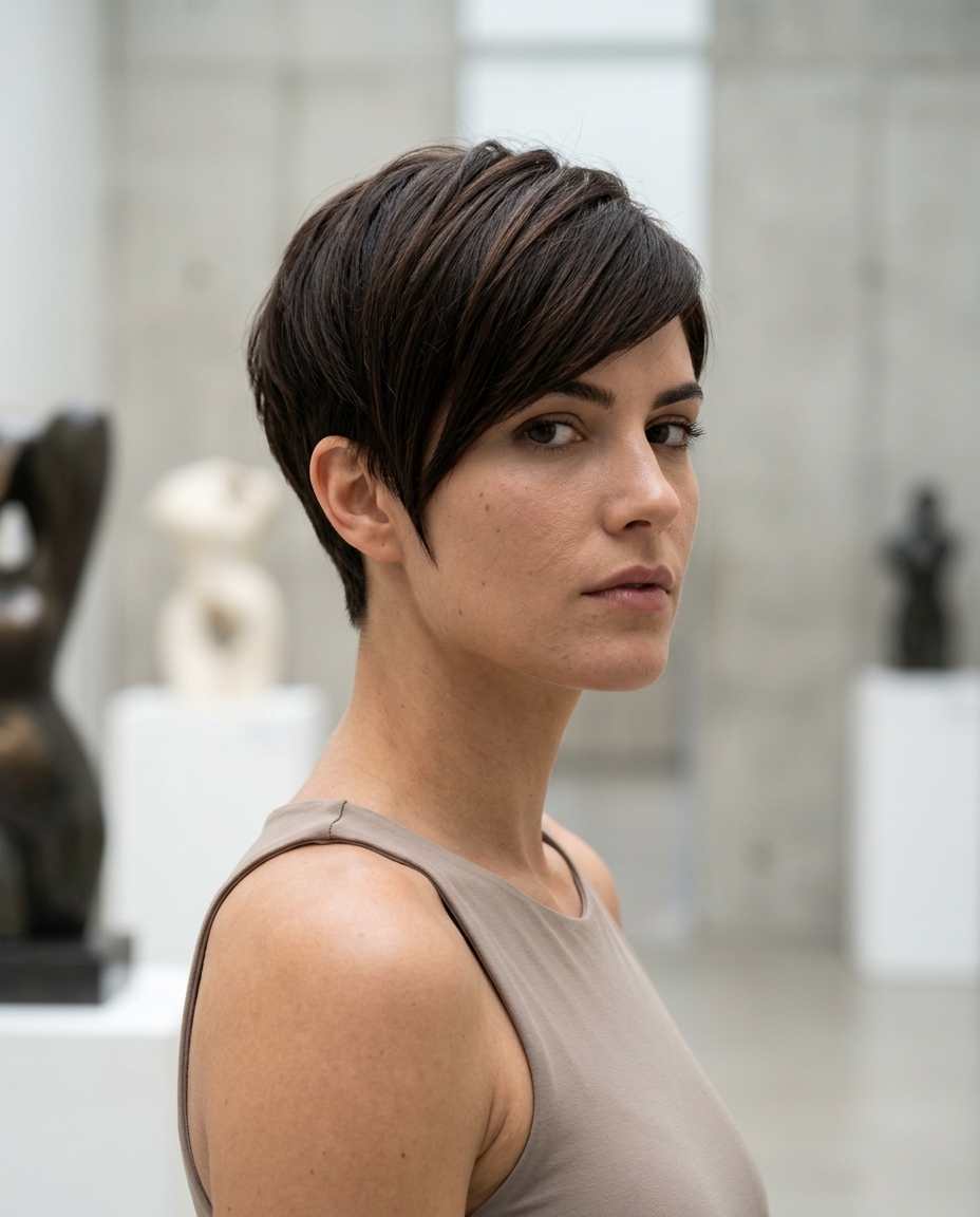 very short micro-pixie haircut in espresso brunette with cool undertones, sharply tapered sides for an edgy silhouette