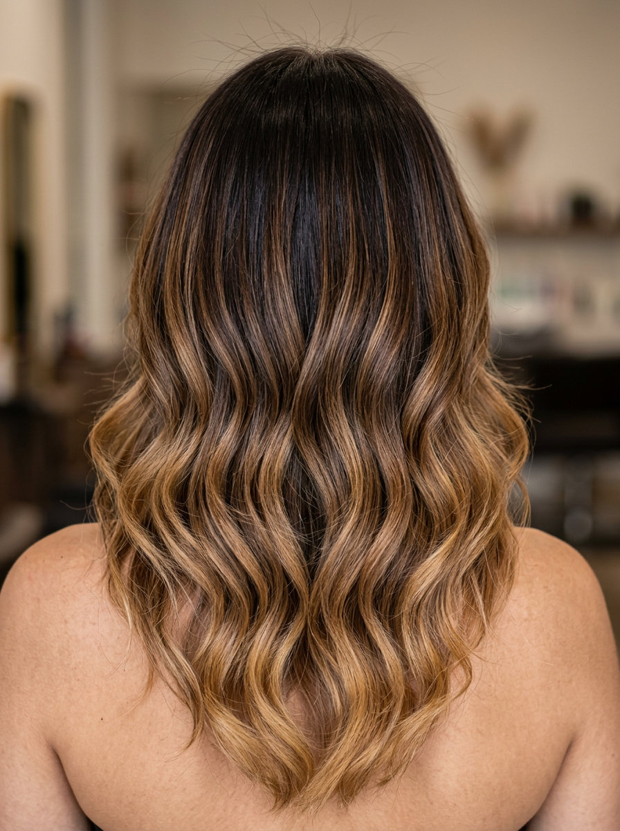 extra-long espresso to caramel ombre with sweeping layers and face-framing pieces