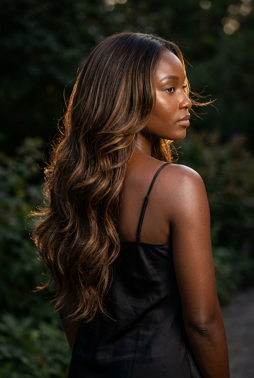 long espresso balayage with caramel ribbons and subtle layers for summer