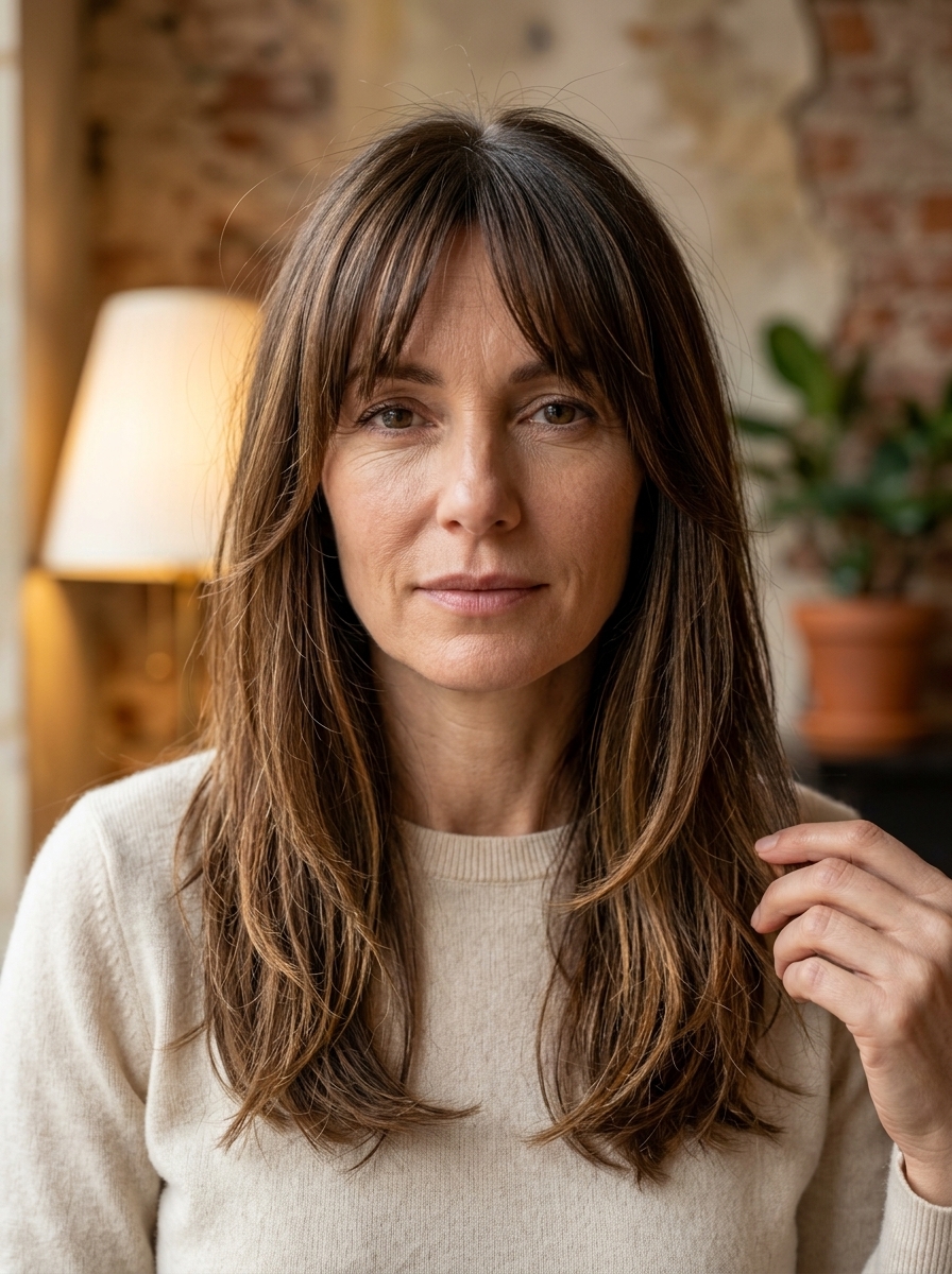 Birkin Bangs: Timeless Summer Haircut 2026 long haircut in rich espresso with warm caramel balayage and wispy Birkin bangs, soft seamless layers — retro summer style 2026