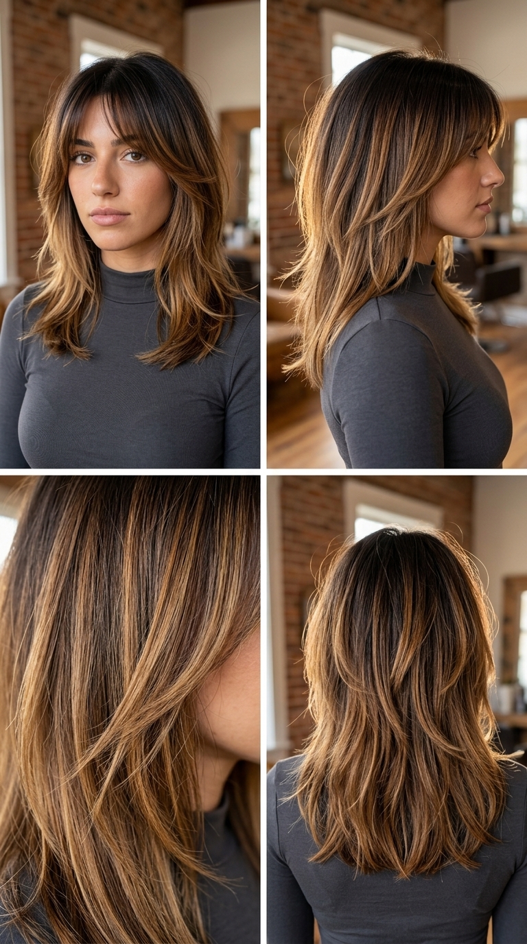 long shag dimensional summer ombre hair color 2026 with vibrant caramel, freehand balayage, curtain bangs — edgy & boho