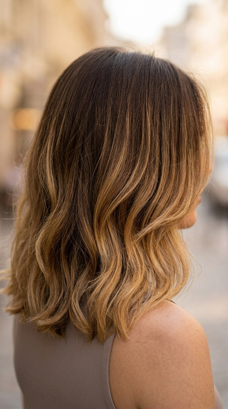 medium textured lob haircut with espresso to caramel ombré, graduated layers, no bangs — sophisticated style