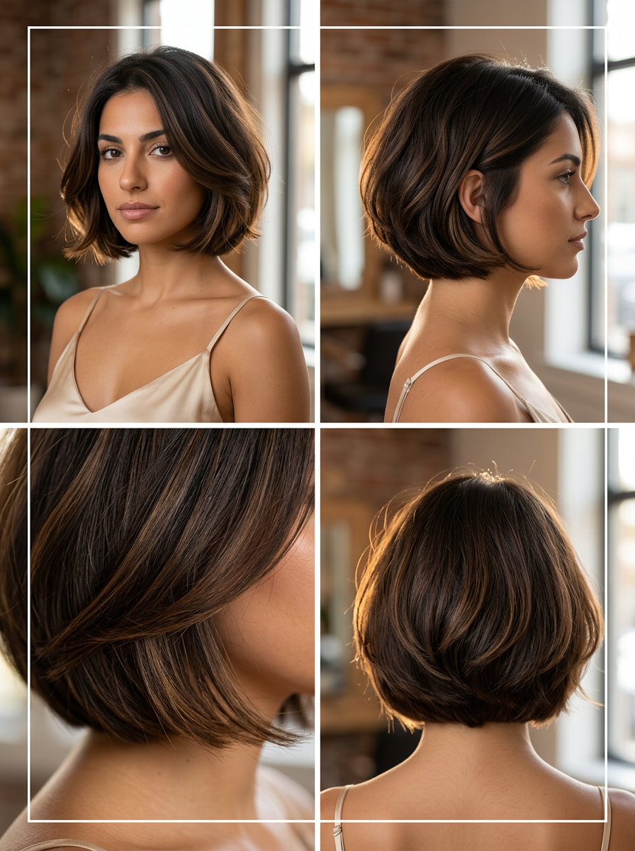 short bob haircut in deep espresso with caramel undertones, rounded internal layers for volume — romantic and voluminous