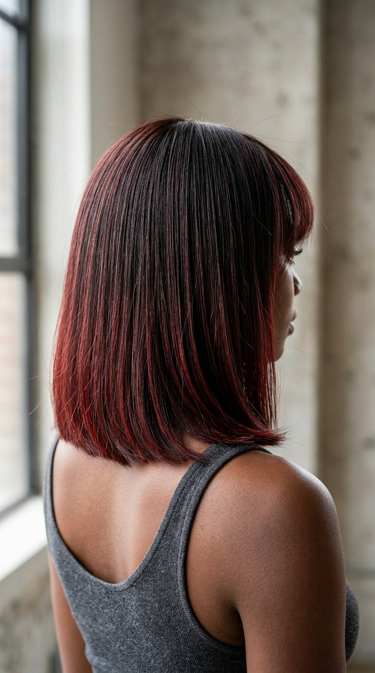 shoulder-length espresso cherry cola wispy bangs haircut with blunt perimeter for summer
