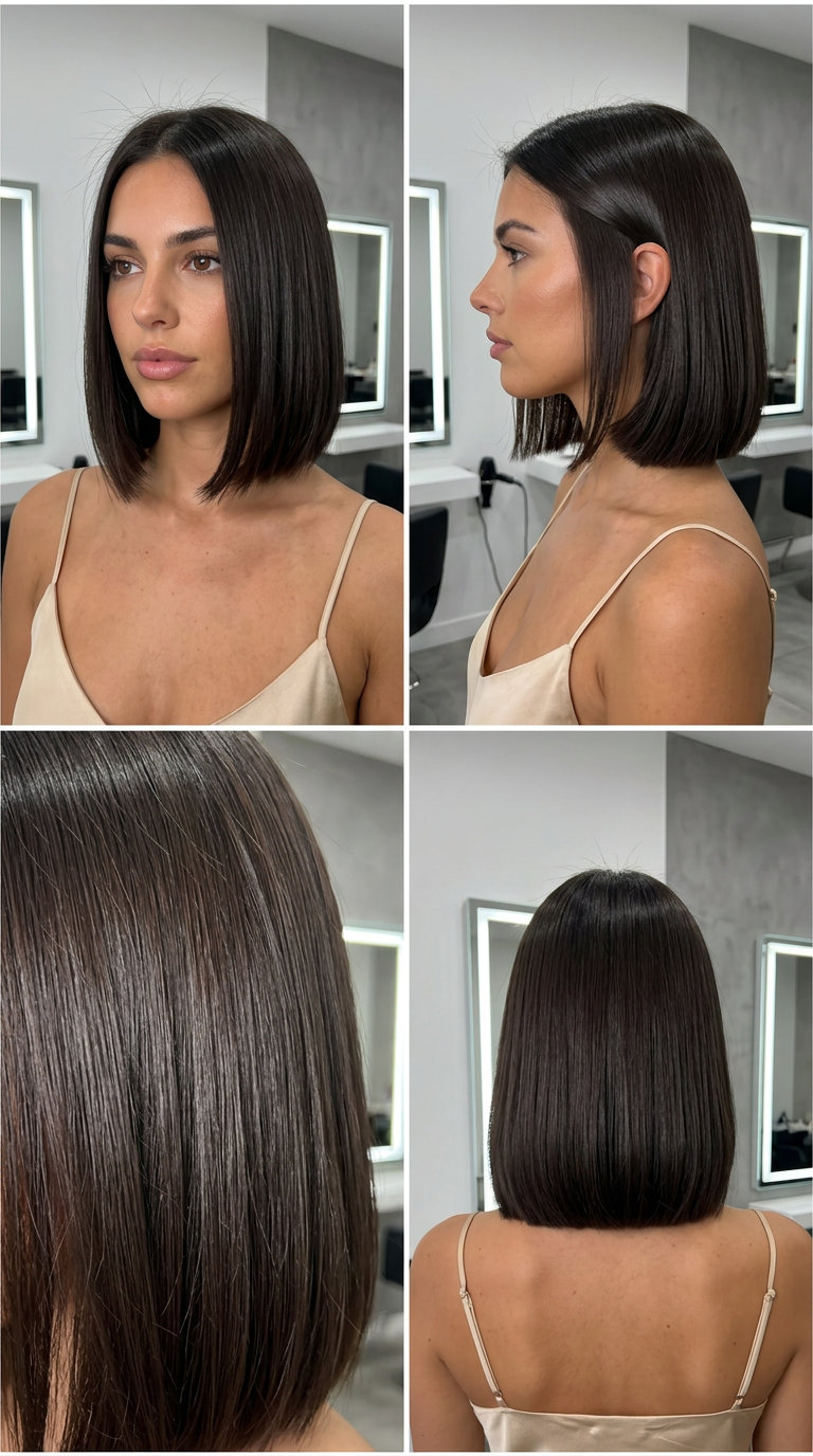 chin-length blunt bob haircut with espresso roast brunette, razor-sharp perimeter, high gloss for formal events