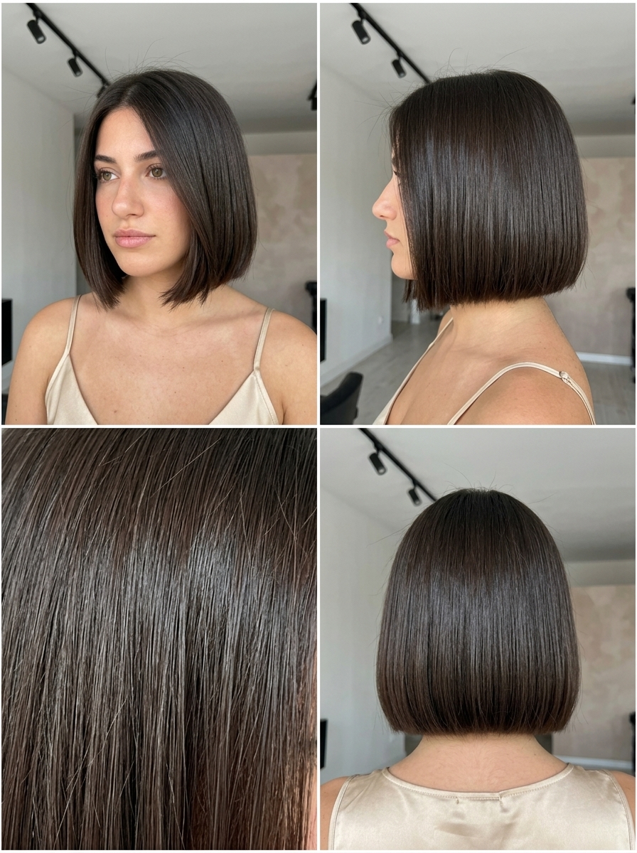 chin-length blunt bob in deep espresso brunette with clear gloss, precise cut — professional, sleek, sophisticated