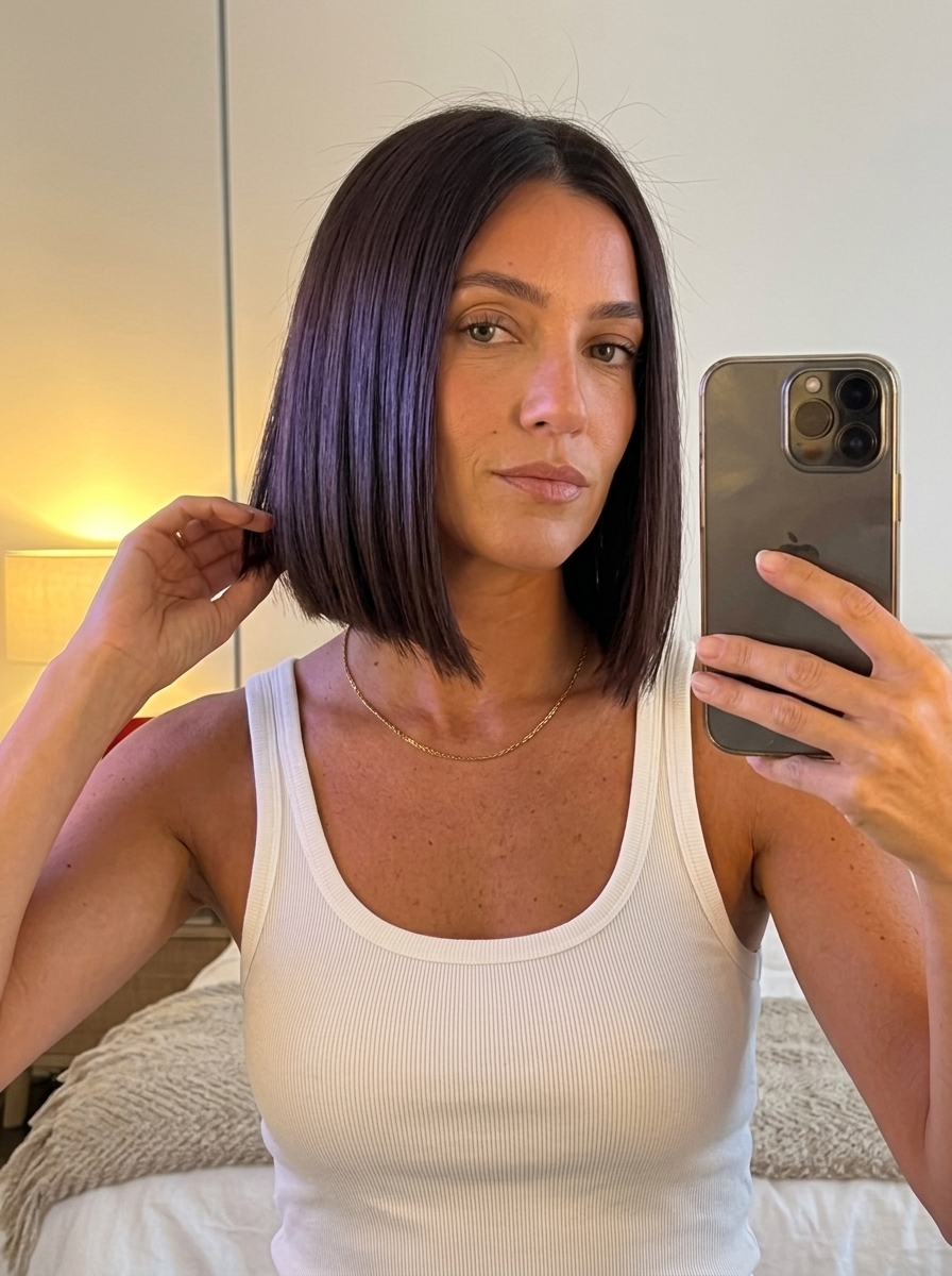 'Expensive Espresso' Bob: Summer Haircut 2026 chin-length blunt bob haircut in deep espresso with cool violet reflections, precise A-line angle and crisp ends — chic summer look 2026