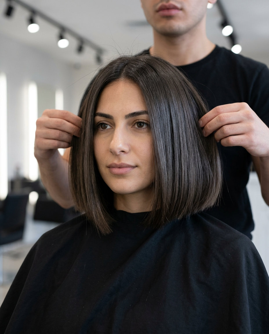 chin-length blunt bob haircut in deep espresso with cool ash undertones, asymmetrical perimeter — sophisticated