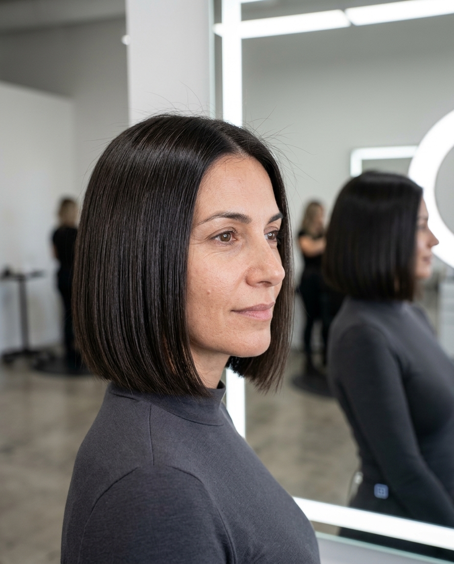 Sculpted Power Bob: Sophisticated Summer Hair 2026 chin-length espresso brunette bob haircut with blunt ends and high-gloss finish for summer