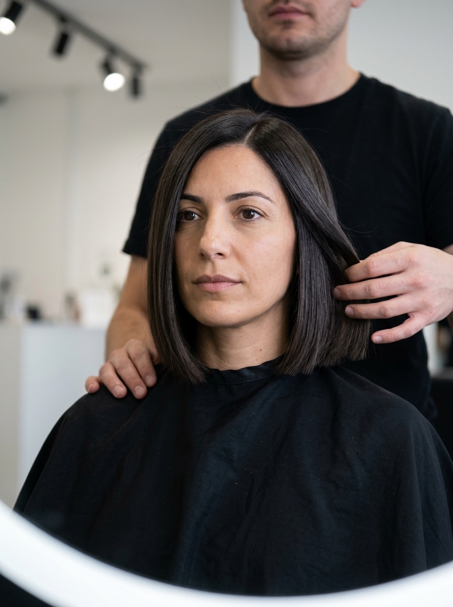 chin-length bob haircut with espresso roast, cool smoky undertones, blunt perimeter for summer