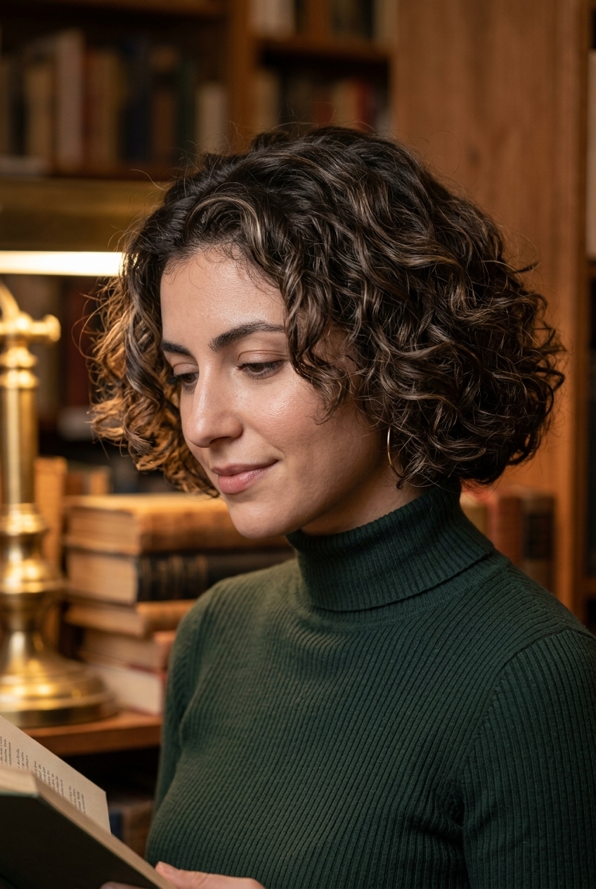 Espresso Curl Bob 2026: Sophisticated & Natural chin-length bob haircut for curls in rich espresso brunette with cool beige babylights, diffused ends — natural sophisticated curly bob