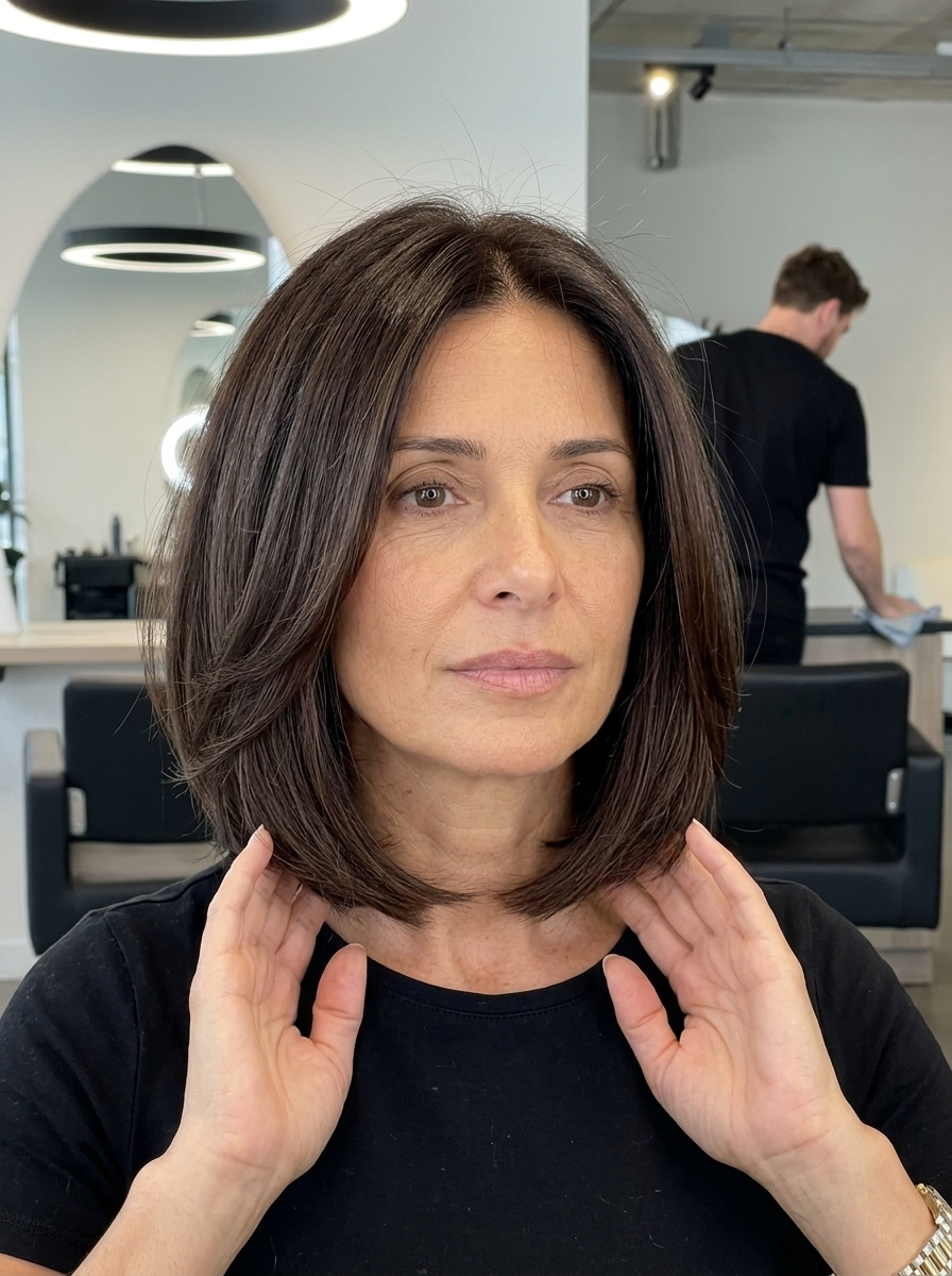 chin-length bob haircut in deep espresso with mocha lowlights for summer