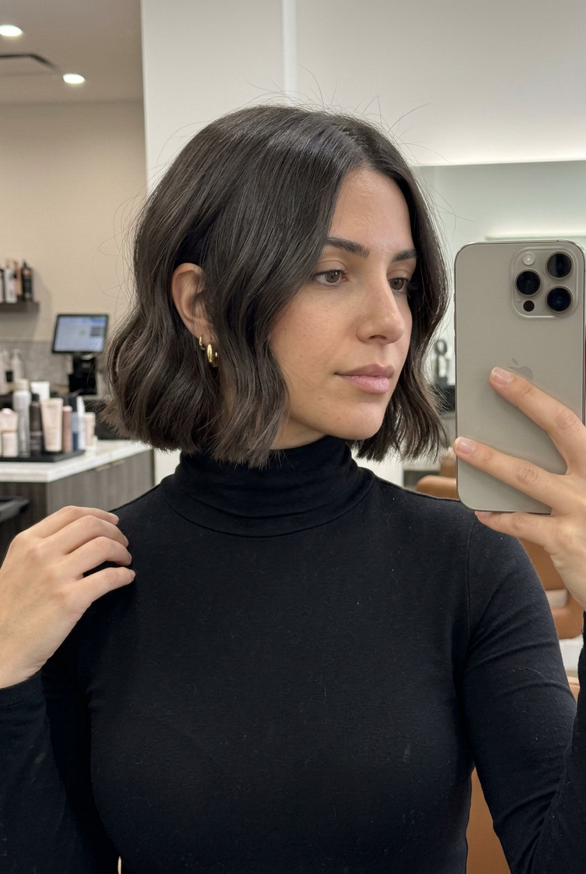 chin-length blunt bob haircut in deep espresso brunette with cool ash reflects, sculpted waves — glamorous