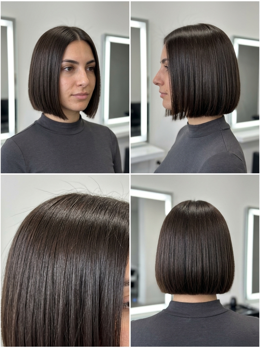 chin-length blunt bob in deep espresso, sculpted, professional — corporate event