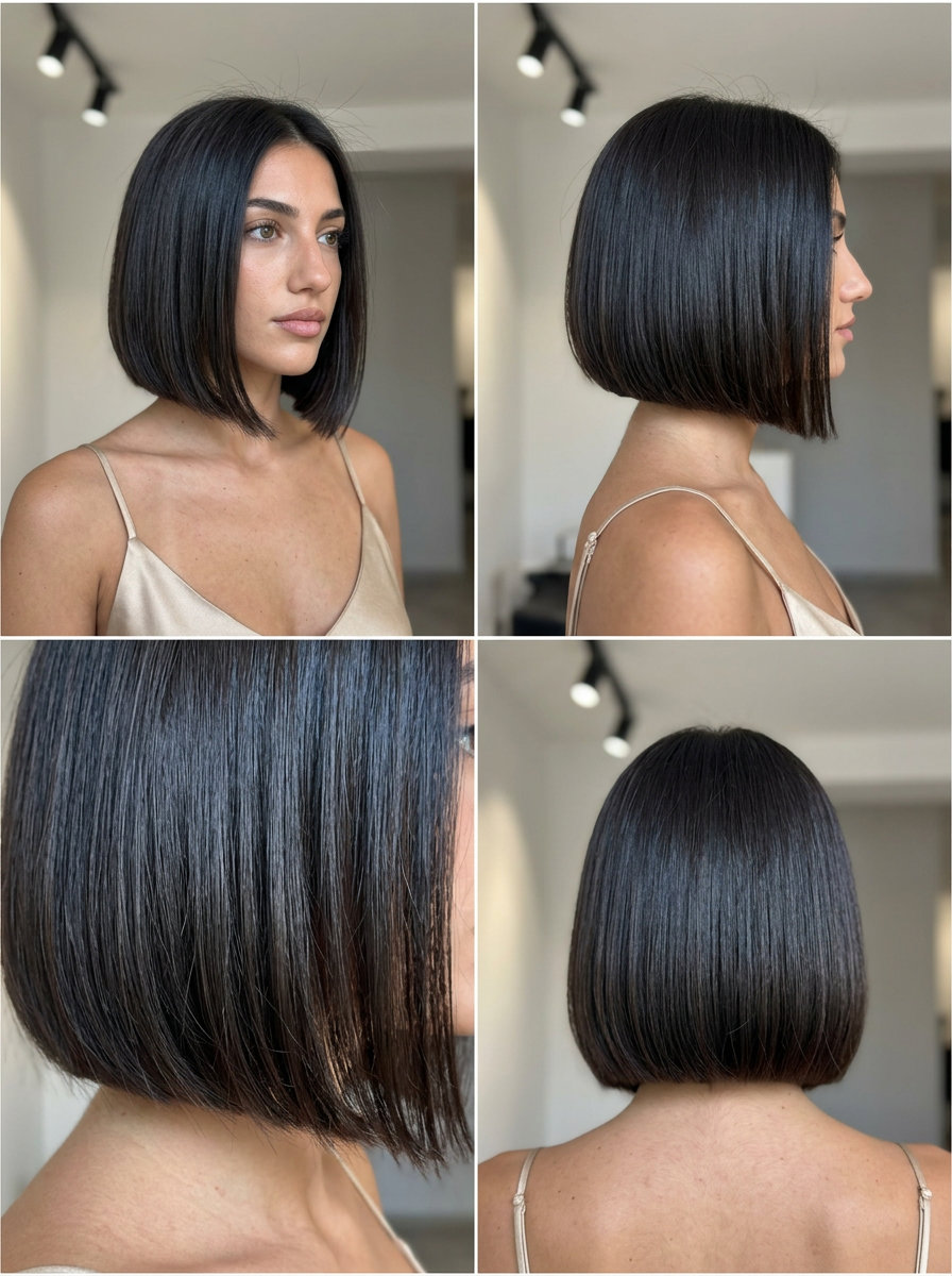 chin-length Italian bob haircut with deep espresso brunette, blue-black undertones, blunt perimeter — sleek, sophisticated