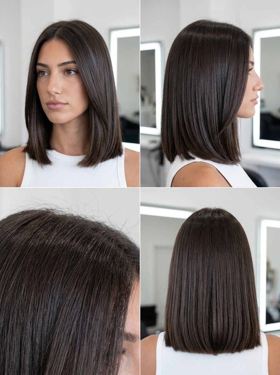 collarbone-length lob haircut with espresso brunette, cool smoky undertones, blunt perimeter for summer