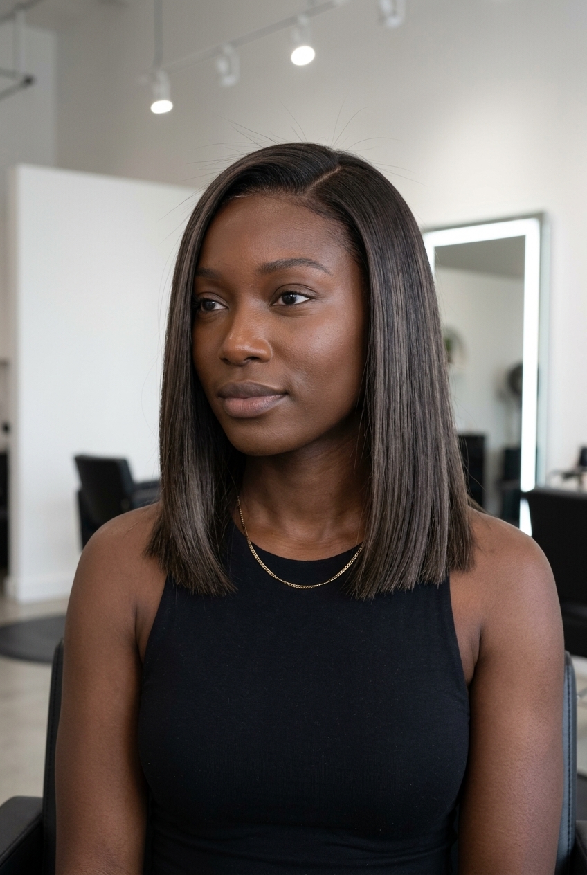 collarbone-length lob in deep espresso with ash brown teasylights, blunt perimeter — minimalist, sophisticated, edgy