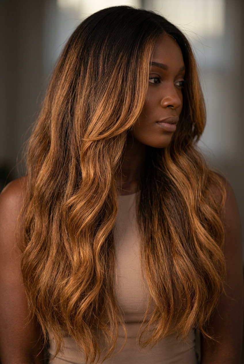 extra-long espresso caramel ombre with amber and golden brown, balayage, V-cut layers — sultry date night