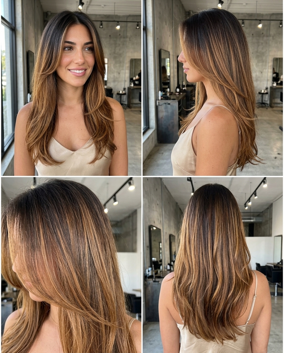 extra-long espresso caramel ombre with amber and golden brown, balayage, V-cut layers — romantic formal event