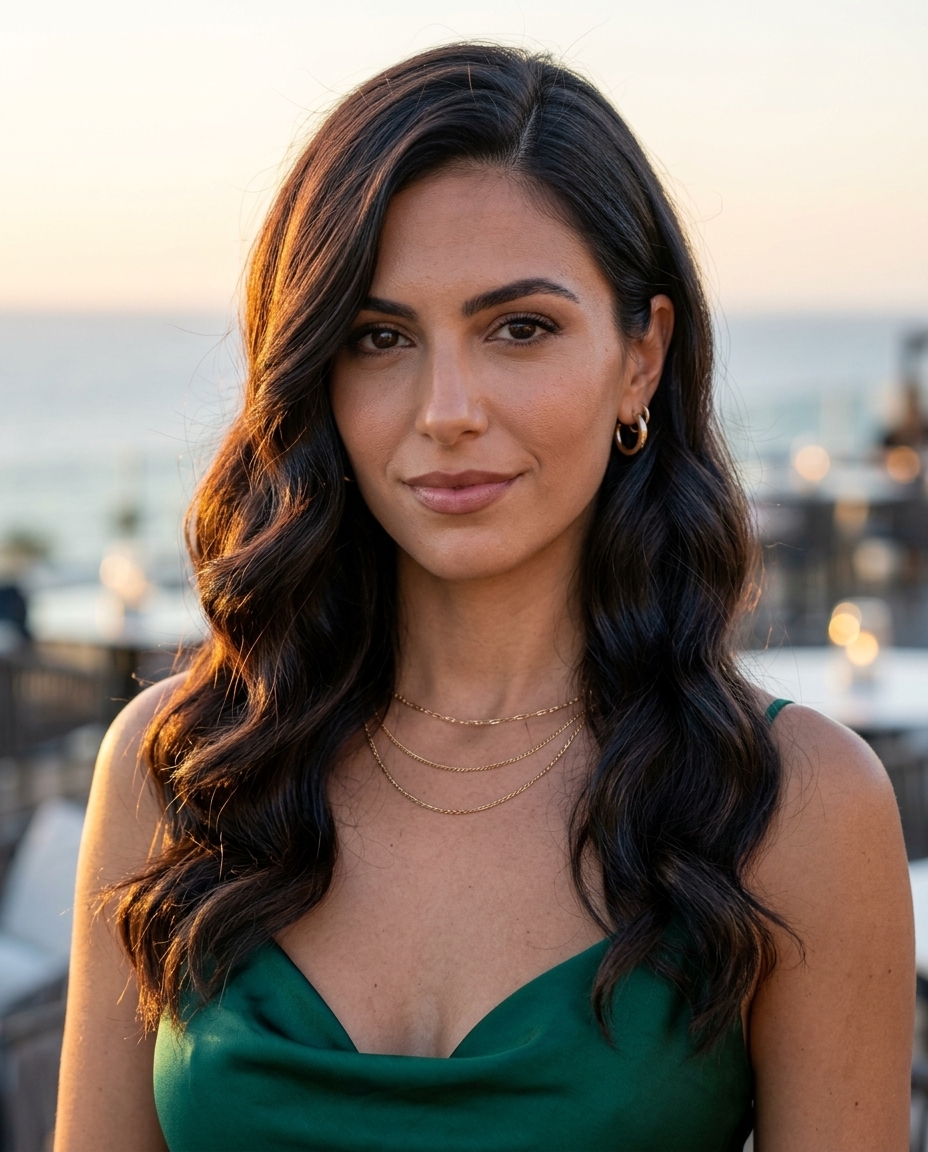 long wavy side-swept waves hairstyle with espresso gloss brunette, deep side part, and S-waves for parties