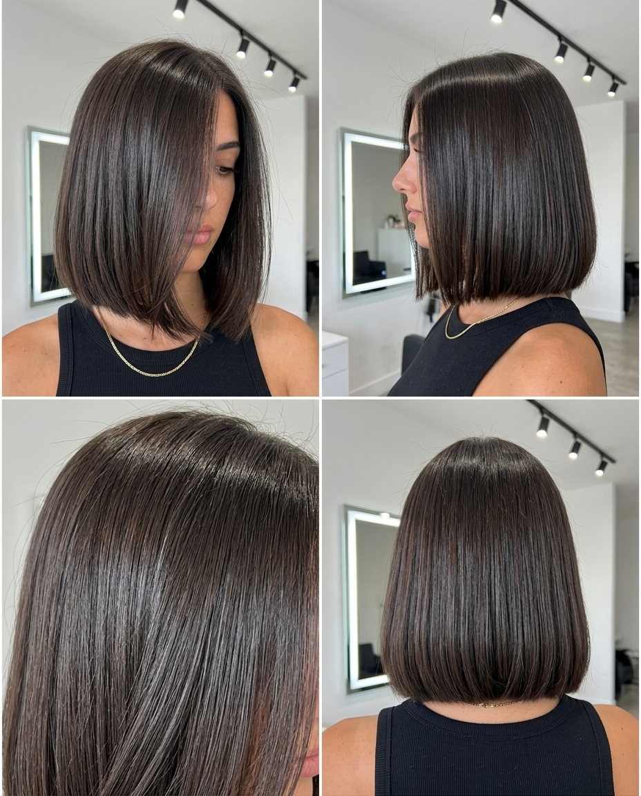 collarbone-length espresso gloss glass hair, blunt cut and deep side part — bold sophisticated