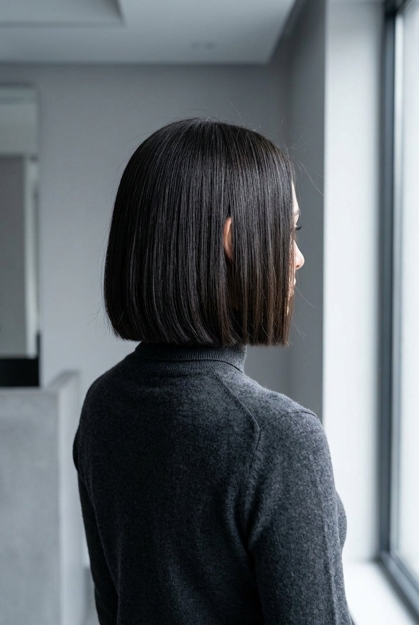 jaw-length box bob haircut in espresso roast brunette with blunt perimeter for professional summer 2026