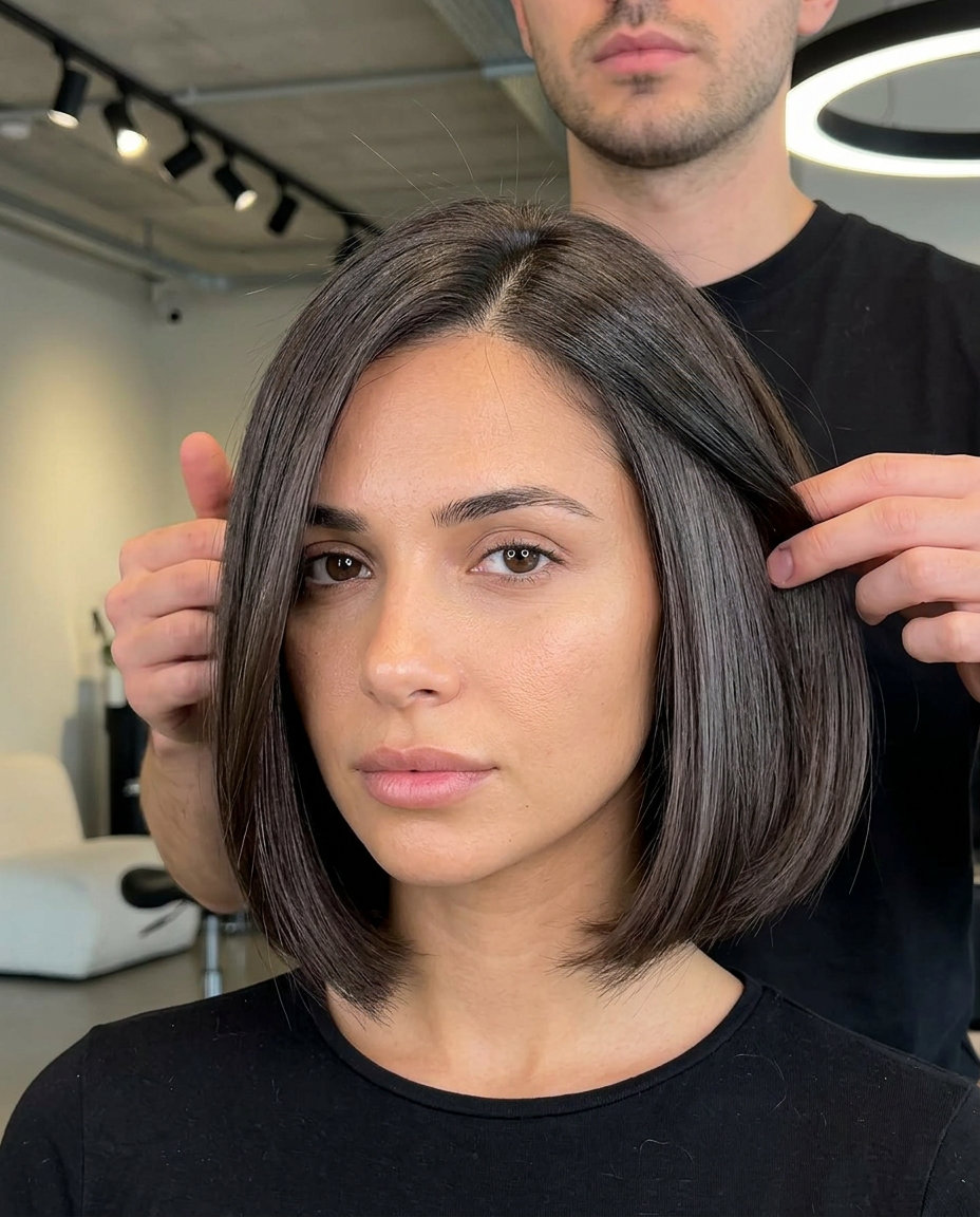 jaw-length blunt bob haircut in deep espresso brunette with sculpted perimeter for luxurious summer 2026