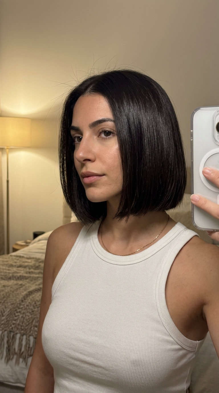 jaw-length box bob haircut with deep espresso brunette, graduated back, sleek for professional events