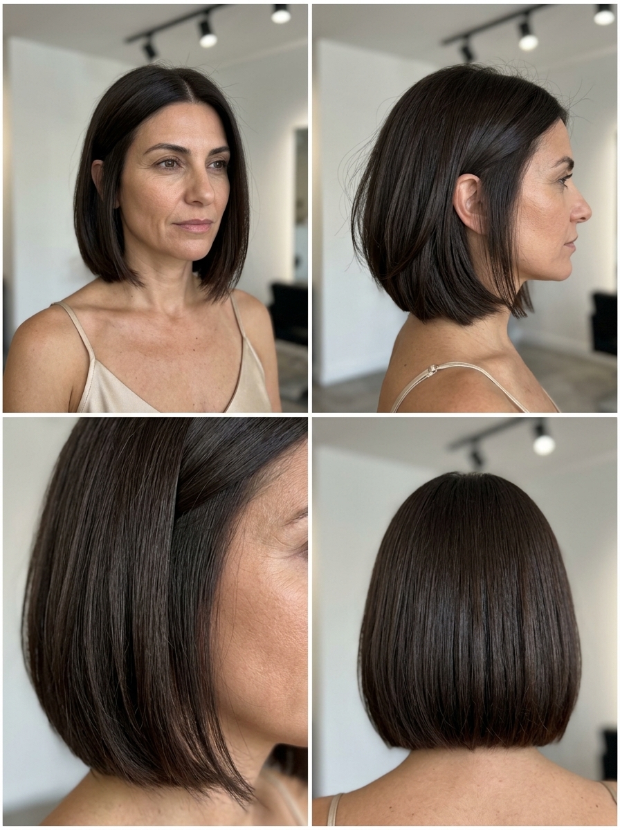 Executive Power Bob: Summer Haircut 2026 jawline-length bob haircut in deep espresso brunette with cool undertones and high gloss, razor-sharp blunt perimeter — bold summer look 2026