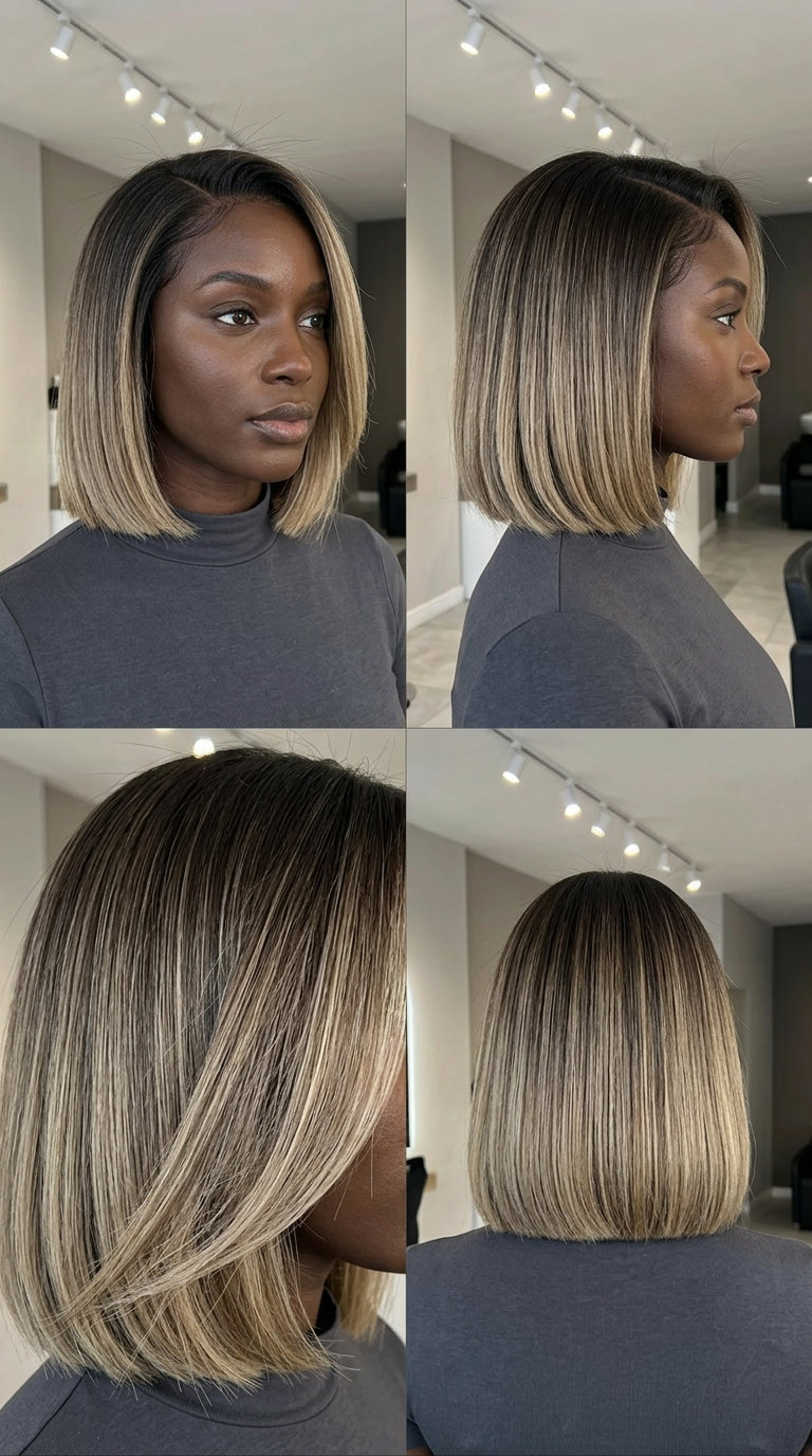 chin-length blunt bob haircut with ombré in espresso and linen blonde