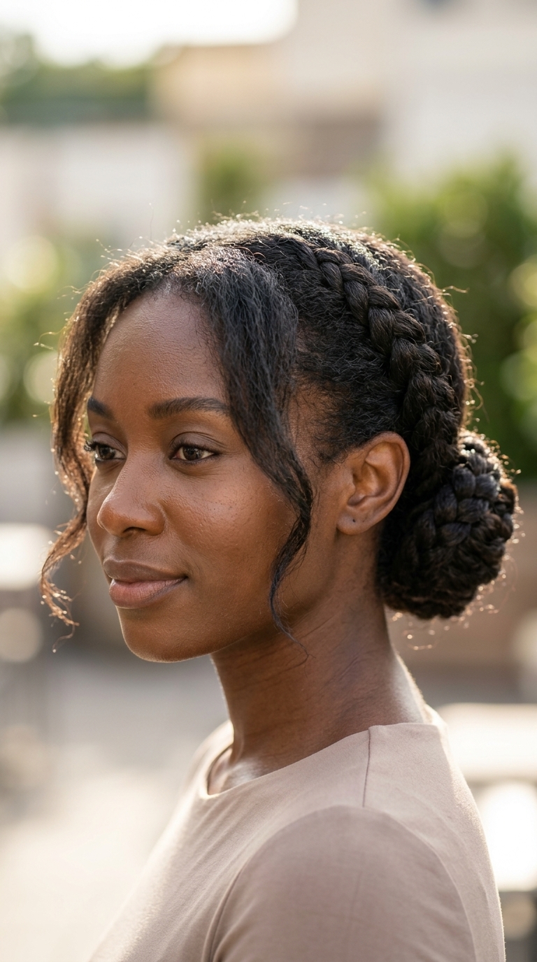 long braided bun with espresso face-framing tendrils for summer