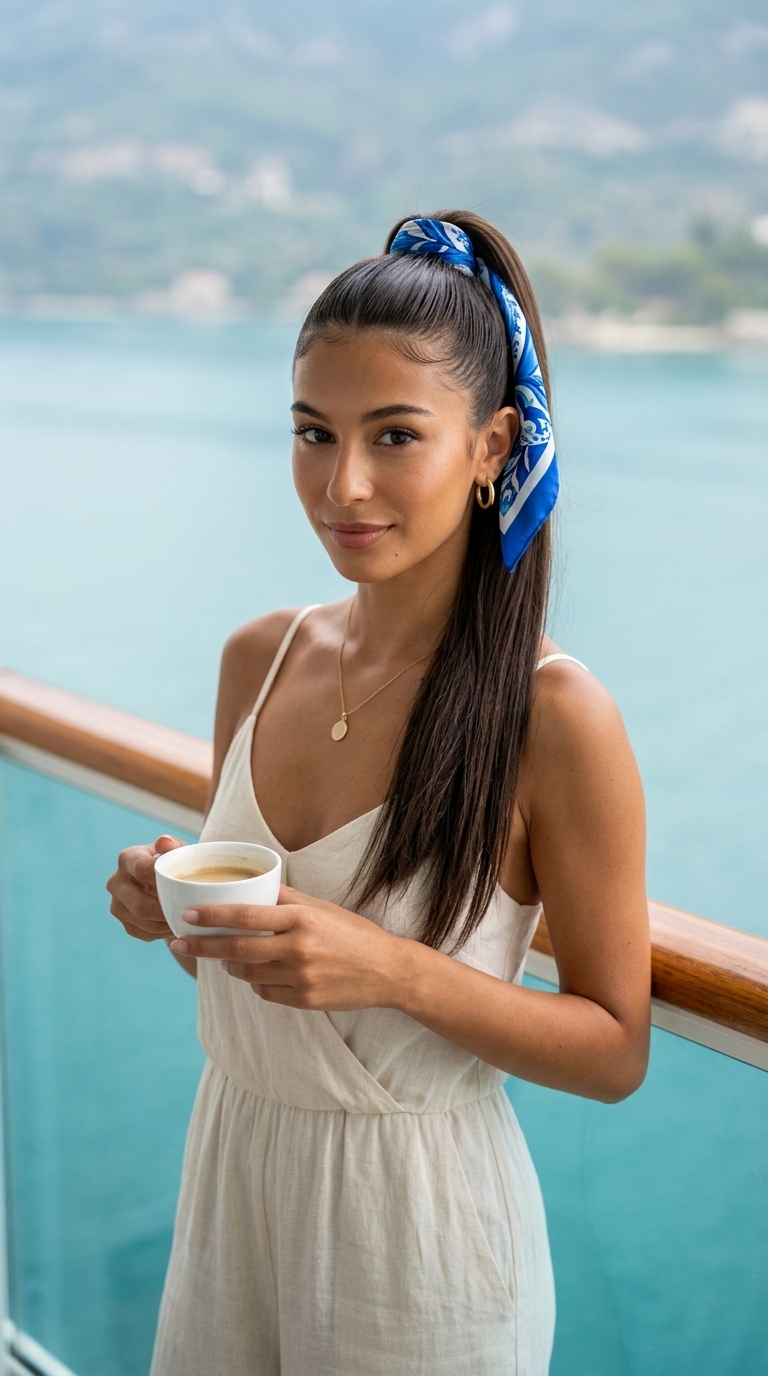 long espresso roast brunette high ponytail with silk scarf, no fringe — professional, sophisticated summer style