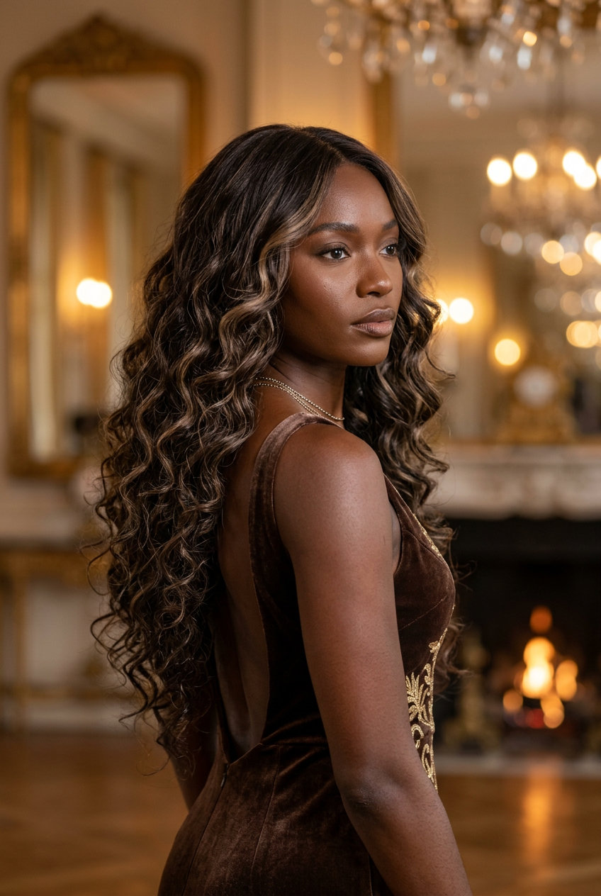 Espresso Curls 2026: Glamorous & Romantic long soft layered haircut in espresso martini brunette with frothy beige highlights, U-shape back — glamorous date night curls