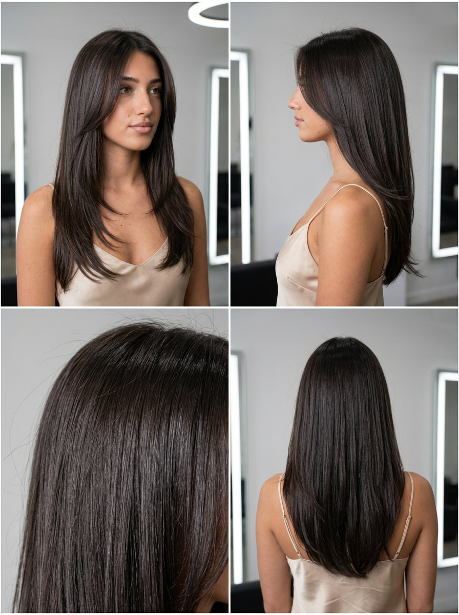 long espresso brunette layered haircut with cool undertones and high-gloss finish for glamour