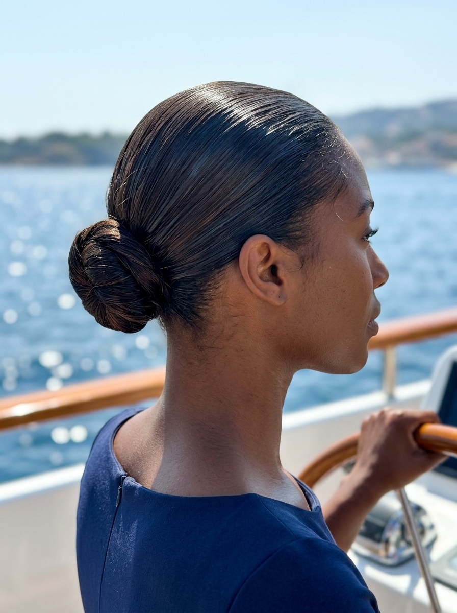 long espresso brunette sleek bun with blue-black lowlights and undercut for summer