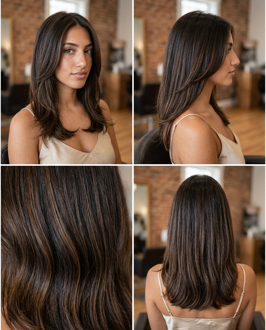 long espresso martini reverse balayage with caramel lowlights, reverse balayage, no fringe — glamorous summer luxurious