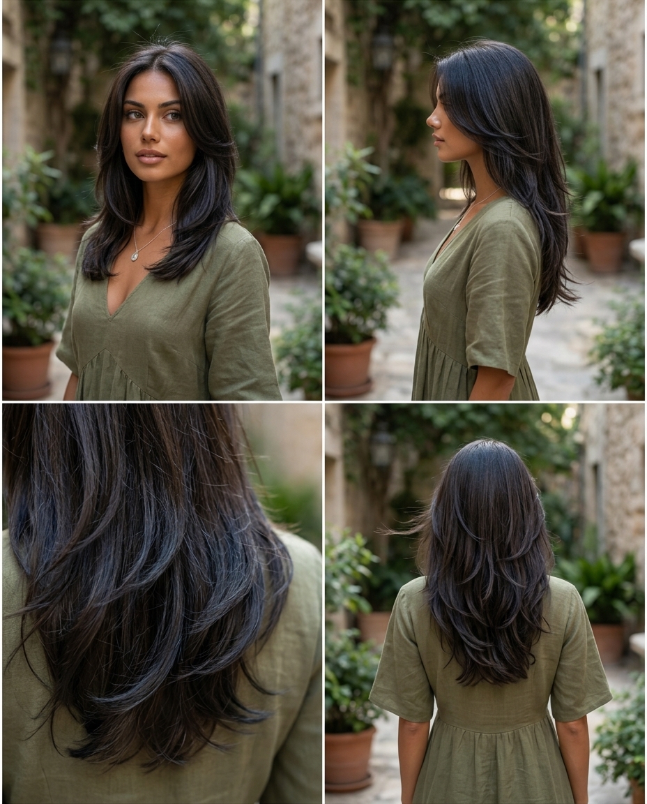 medium espresso brunette hairstyle with soft layers and curtain bangs for summer
