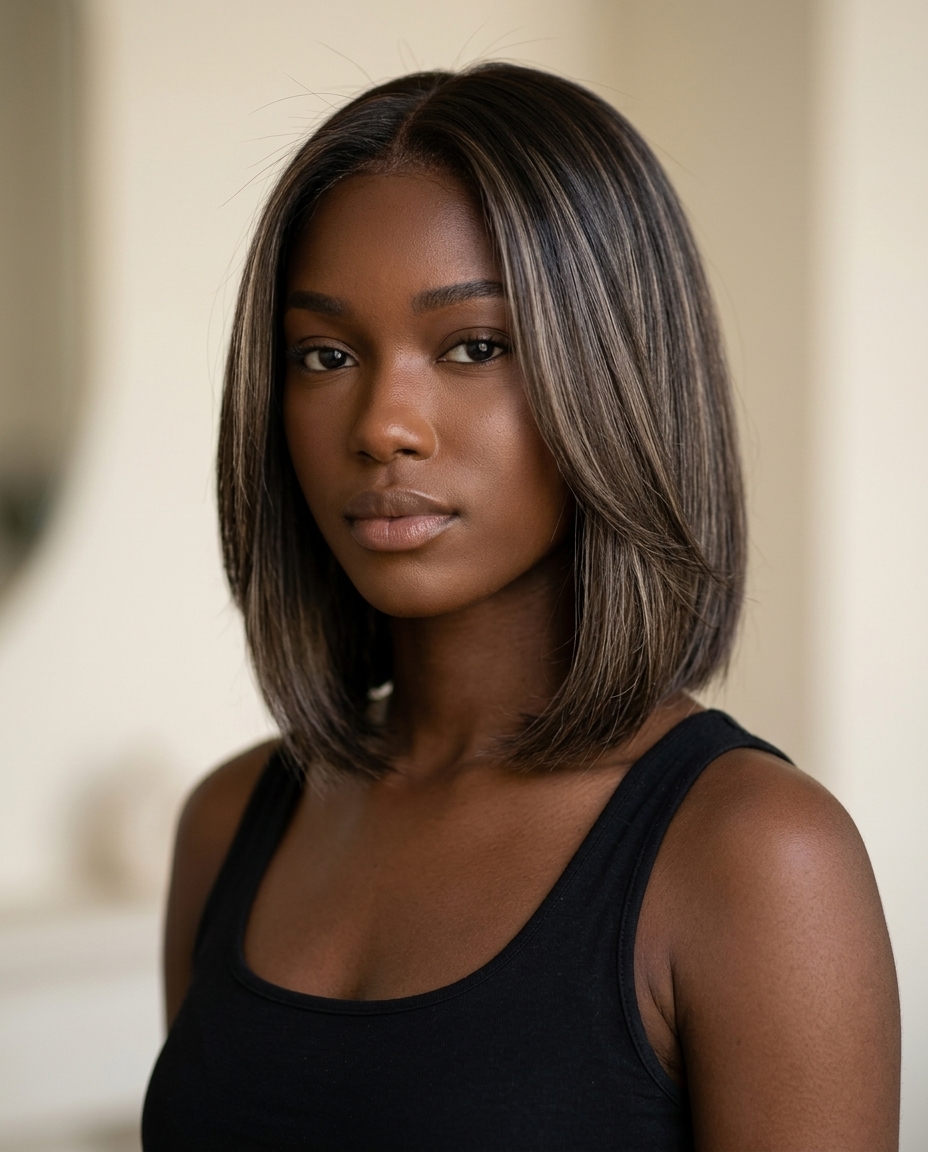 short sleek bixie haircut with espresso cool ash balayage, blunt perimeter — sophisticated elegant