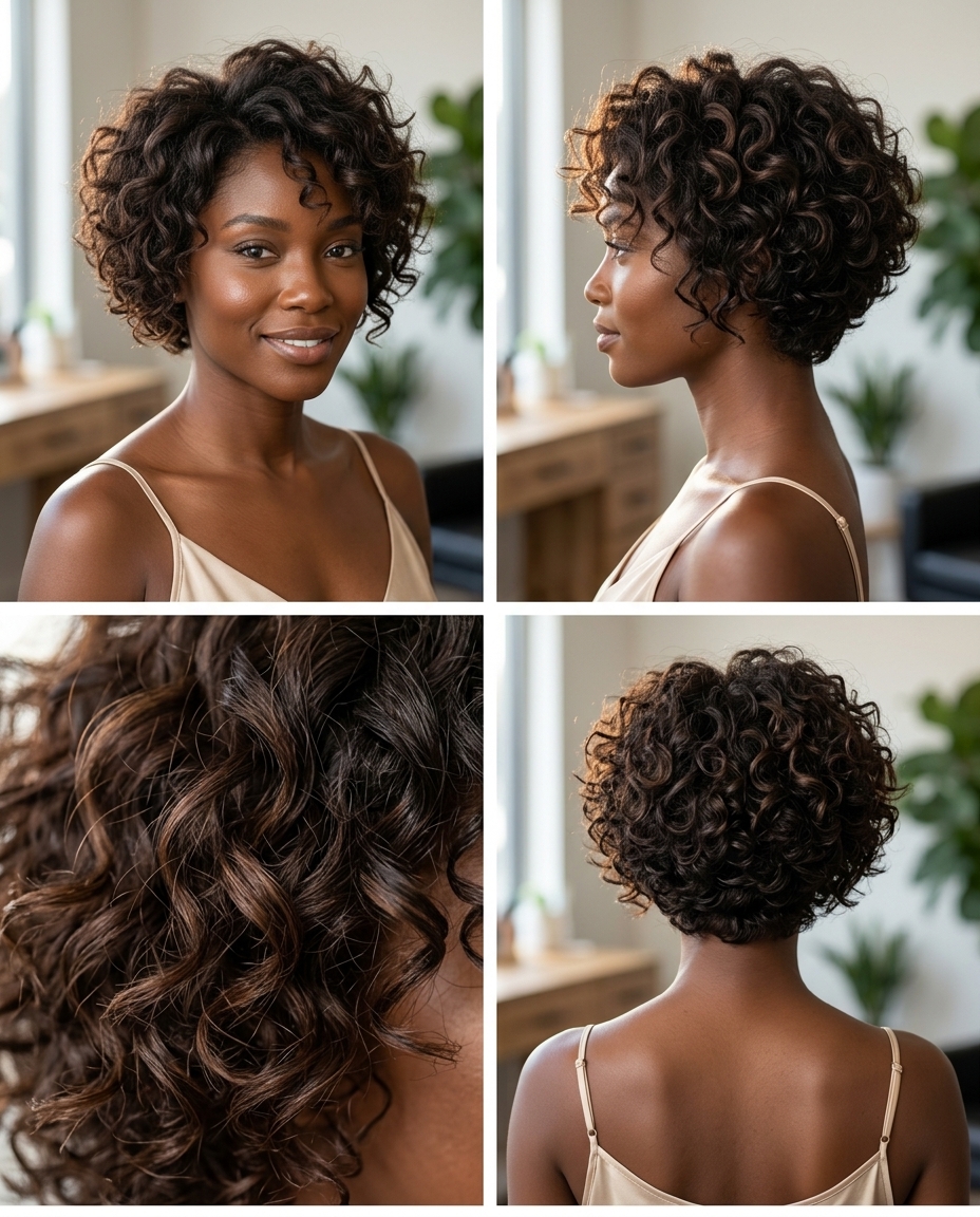 short bixie haircut with espresso brunette, chocolate lowlights, natural curls, salon summer bixie haircut 2026