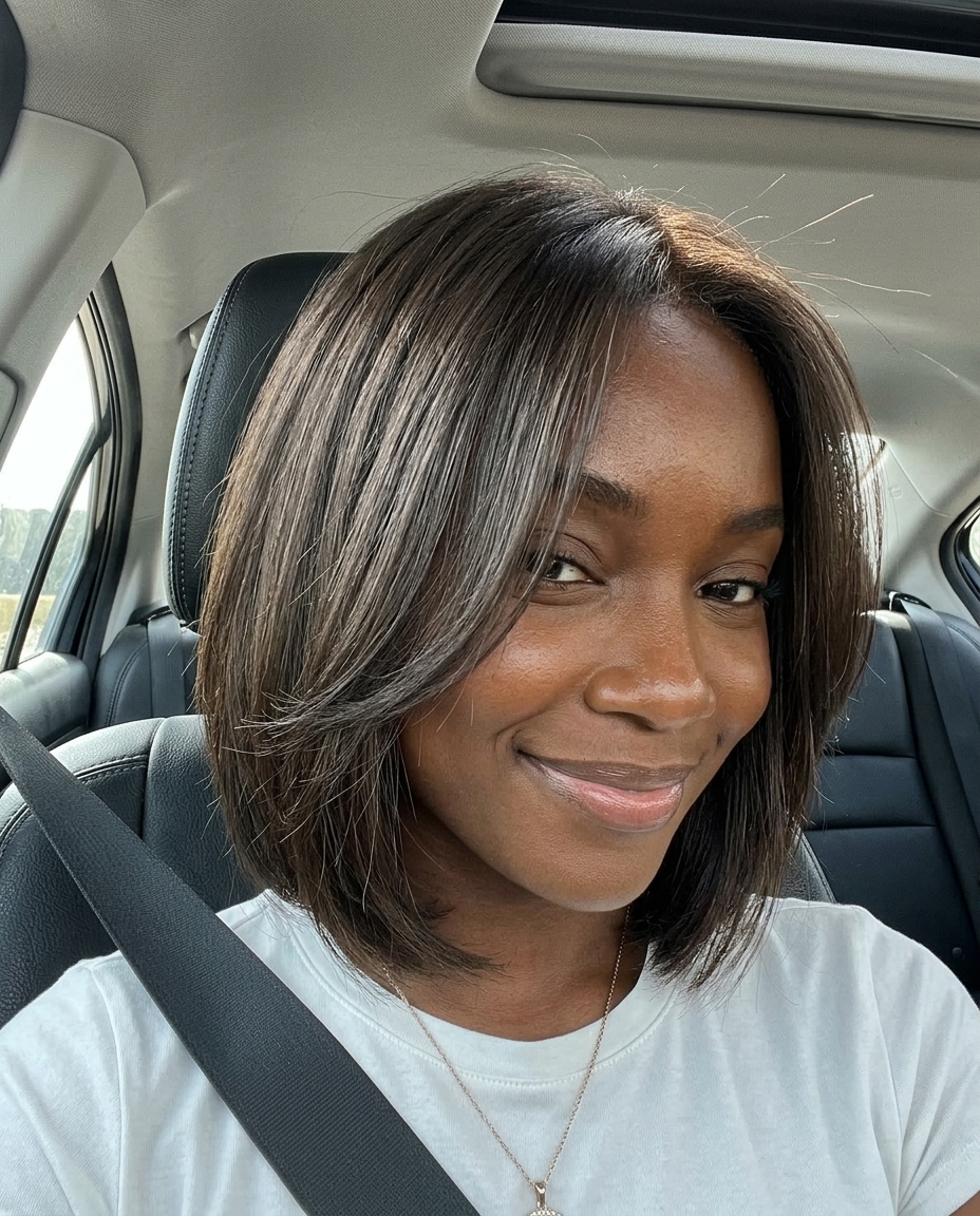 short layered bob haircut in rich espresso with cool undertones, graduated layers for natural movement — sophisticated and effortless