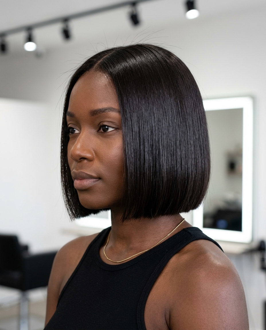 short french bob haircut in deep espresso brunette with a blunt perimeter for a professional look