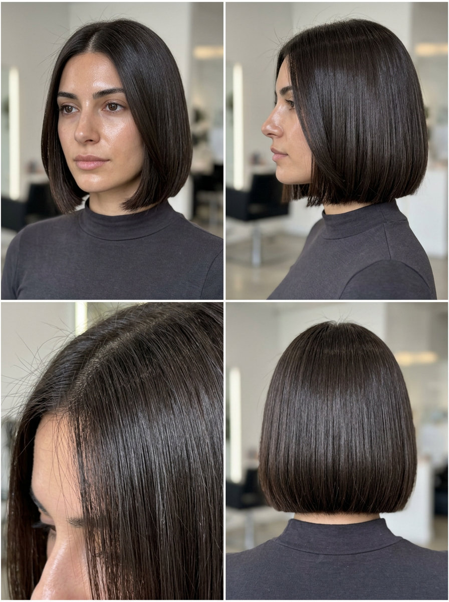 short french bob haircut in deep espresso with cool undertones and blunt perimeter for corporate events