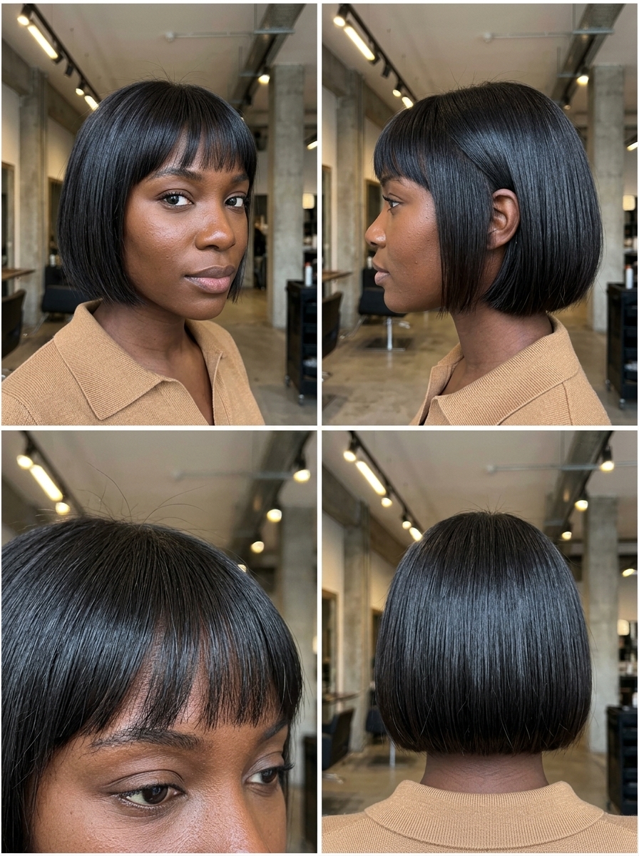 short french bob haircut in deep espresso brown with blunt micro-fringe for a modern look