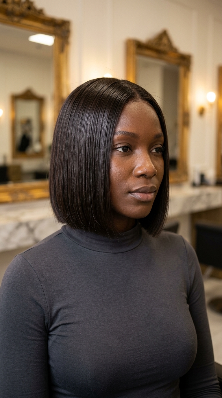 short french bob haircut in deep espresso brunette with a blunt perimeter for a modern look