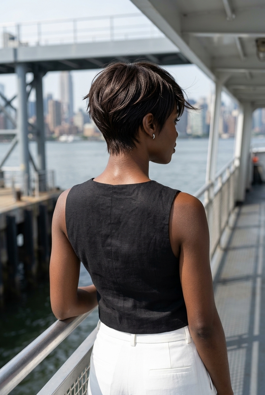 short espresso roast pixie haircut with razor-cut texture and asymmetrical fringe for summer